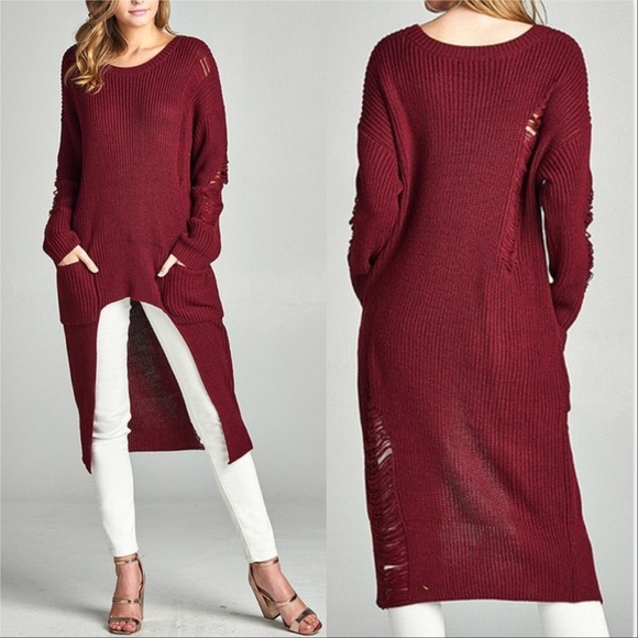 Sweaters - Burgundy Distressed/Ripped Tunic Sweater Knit
